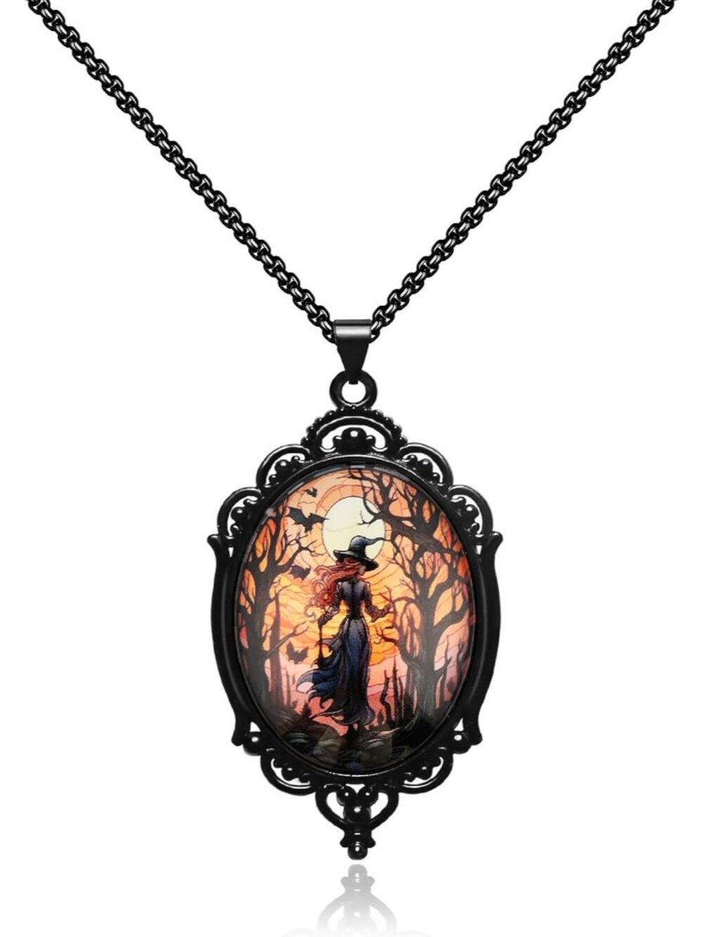 Women's Black Gothic Witch Raven Bat Pendant Necklace Halloween Jewelry-Witch